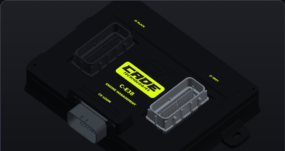 CADE C-E38 ECU — 3D render with OEM connectors for the factory VE harness