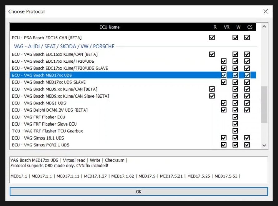 CadeFlash desktop software showing the Choose Protocol list of VAG ECU types, with read, virtual read, write and checksum support ticked for each
