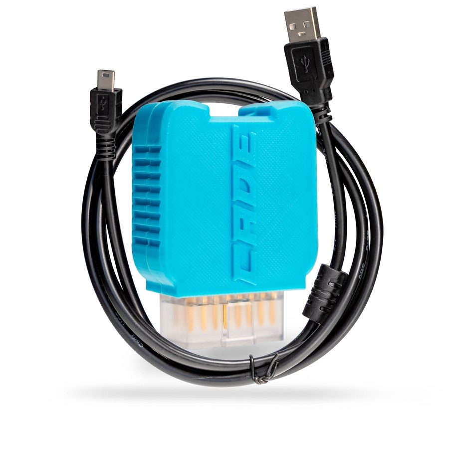 Blue CADE-FLASH OBD interface with its USB cable