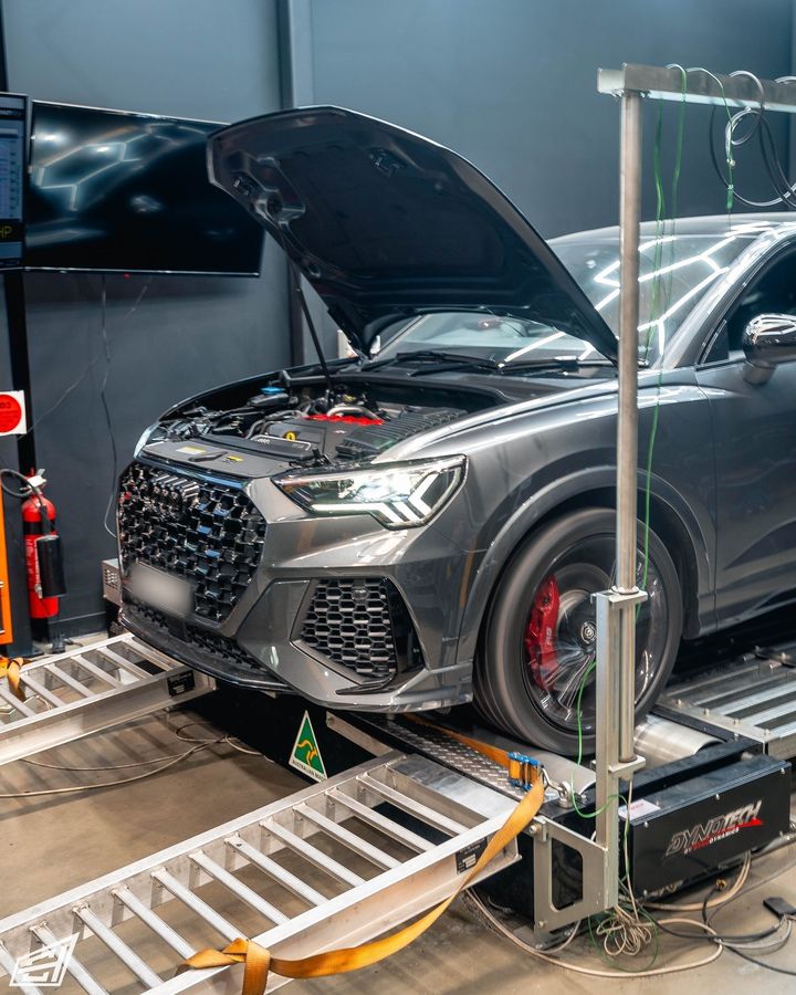 Grey Audi RS Q3 Sportback on the dyno with its bonnet open