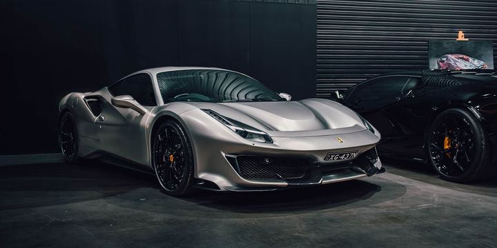 Silver Ferrari 488 Pista in the CADE Technologies studio