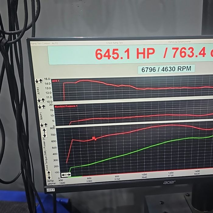 Dyno screen at CADE Technologies showing a 645.1 hp pull