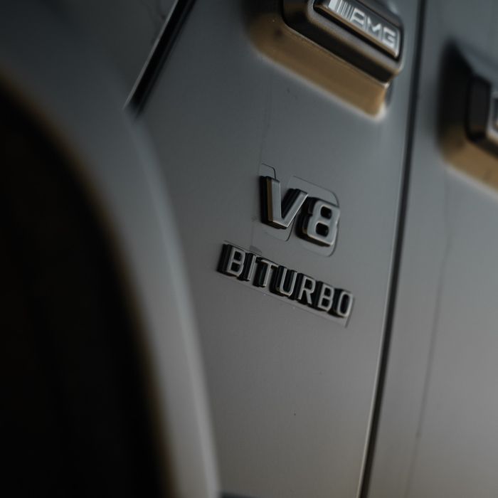 V8 BITURBO badge on a matte black Mercedes-AMG G63 Stage 2