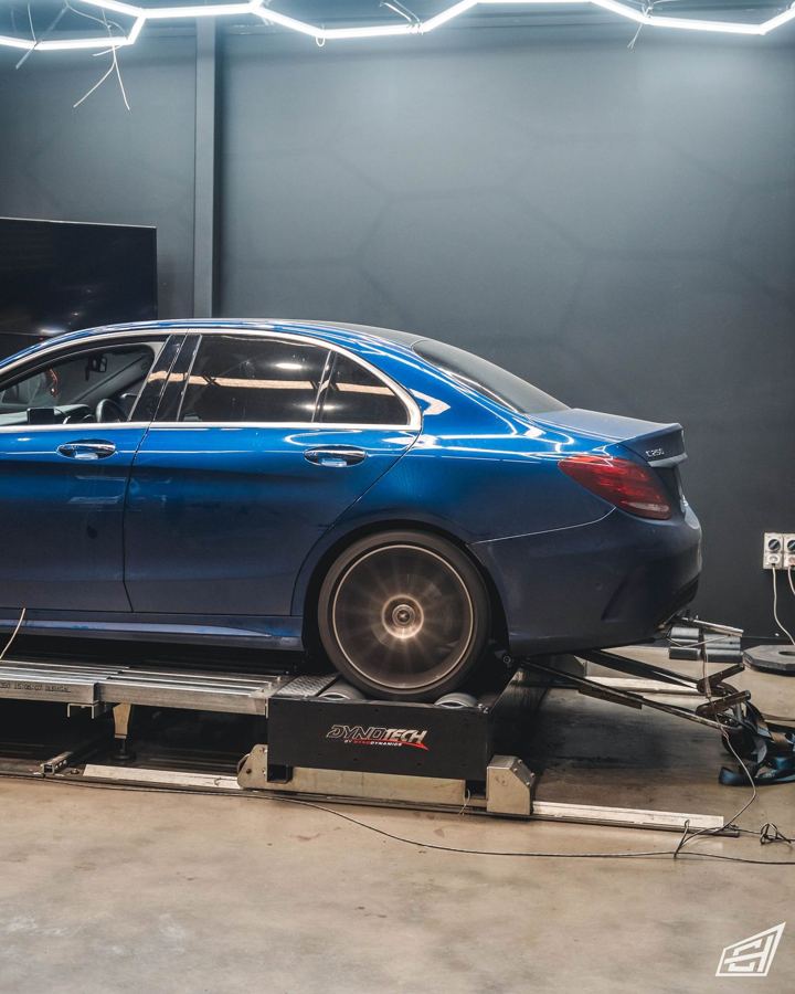 Blue Mercedes-Benz C 250 sedan (W205) on the Dynotech dyno at CADE Technologies